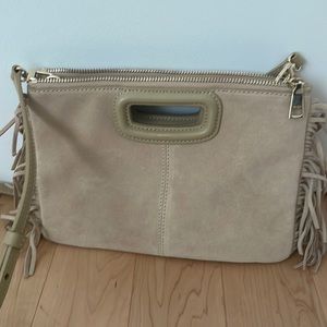 Maje Duo Fringe Trim Suede Clutch Crossbody in Beige
